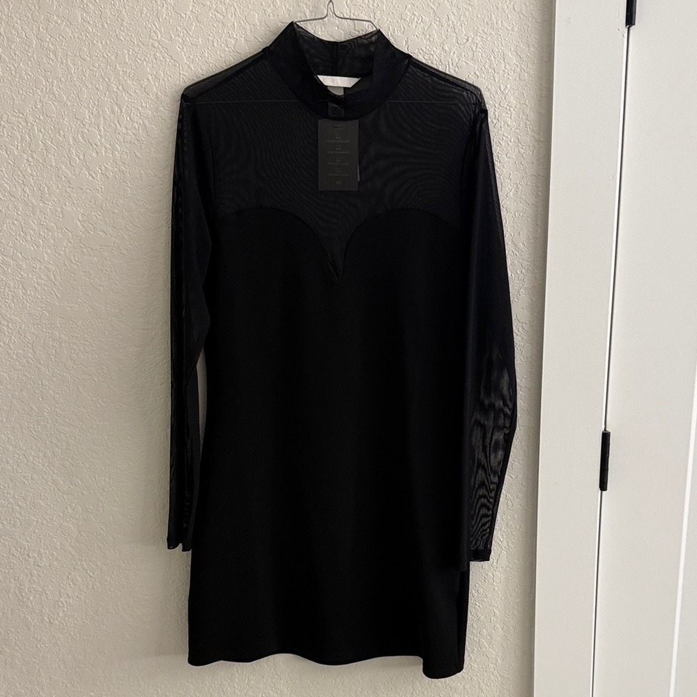 H&M Black Long Sleeve Mesh Yoke Shift Dress